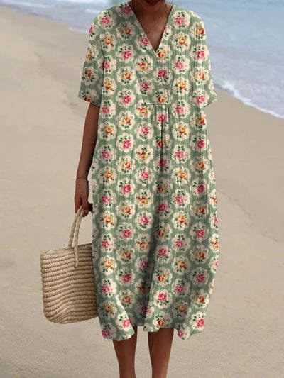 Leonie | Damen Boho V-Ausschnitt Midi-Sommerkleid mit Kurzen Ärmeln
