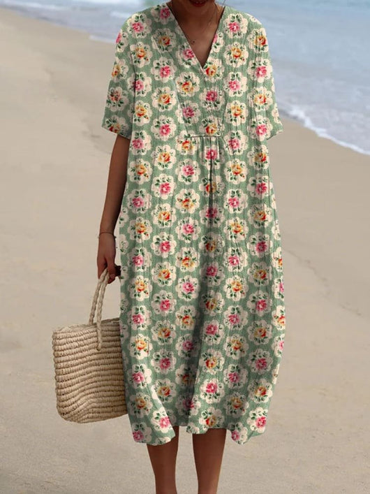 Leonie | Damen Boho V-Ausschnitt Midi-Sommerkleid mit Kurzen Ärmeln