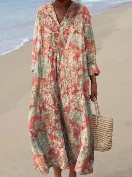 Leonie | Damen Boho V-Ausschnitt Midi-Sommerkleid mit Kurzen Ärmeln