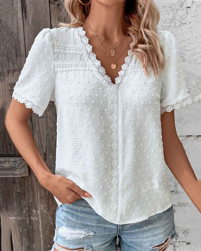 Marie | Damen Boho V-Ausschnitt Spitzen-Pünktchen Bluse
