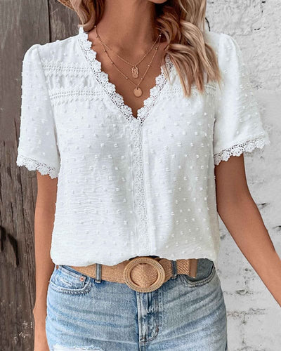 Marie | Damen Boho V-Ausschnitt Spitzen-Pünktchen Bluse