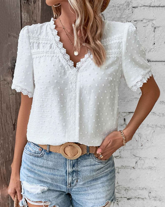 Marie | Damen Boho V-Ausschnitt Spitzen-Pünktchen Bluse