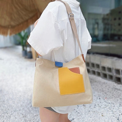 Emilia | Damen Canvas Tote Bag Schultertasche Farbblock PU-Leder