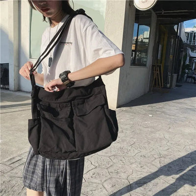 Marie | Damen Canvas Tote Bag Vintage Umhängetasche mit Außentaschen