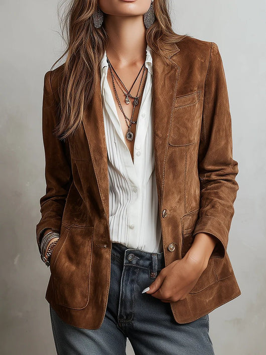 Emilia | Damen Cardigan Blazer Kunstwildleder Tailored-Fit Knopfleiste