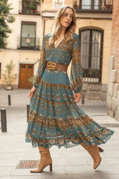 Mia | Damen Chiffon Boho Medallion Puffärmel Stufenkleid