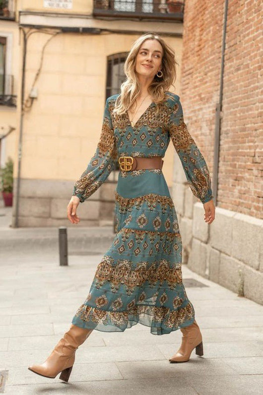 Mia | Damen Chiffon Boho Medallion Puffärmel Stufenkleid