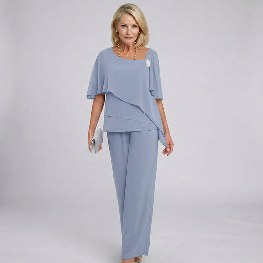 Marlene | Damen Chiffon Cape-Ärmel Two-Piece Set mit weiten Beinen