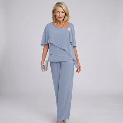 Marlene | Damen Chiffon Cape-Ärmel Two-Piece Set mit weiten Beinen