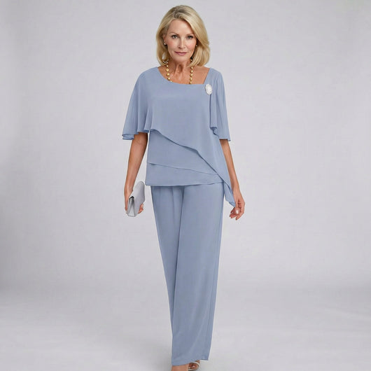Marlene | Damen Chiffon Cape-Ärmel Two-Piece Set mit weiten Beinen