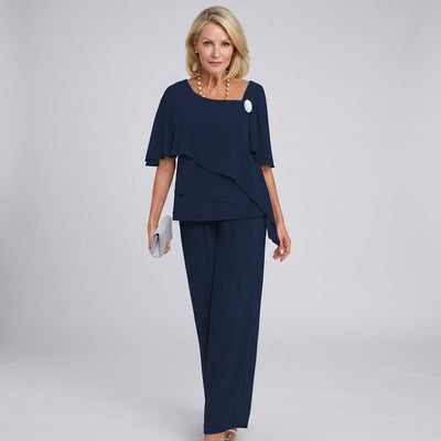 Marlene | Damen Chiffon Cape-Ärmel Two-Piece Set mit weiten Beinen