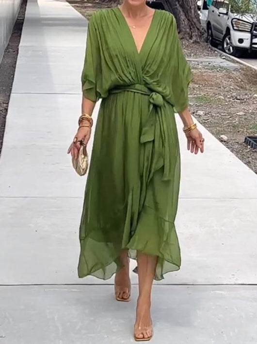 Sophie | Damen Chiffon Cocktailparty-Kleid V-Ausschnitt Taillengürtel Midi