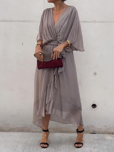 Sophie | Damen Chiffon Cocktailparty-Kleid V-Ausschnitt Taillengürtel Midi