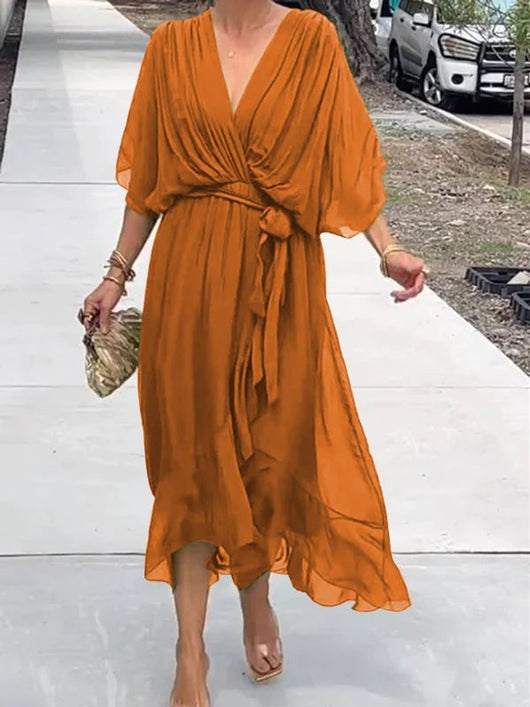 Sophie | Damen Chiffon Cocktailparty-Kleid V-Ausschnitt Taillengürtel Midi