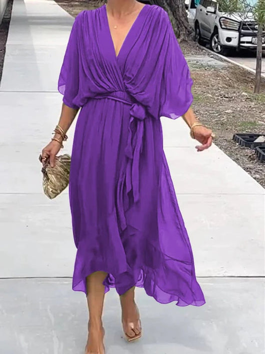 Sophie | Damen Chiffon Cocktailparty-Kleid V-Ausschnitt Taillengürtel Midi