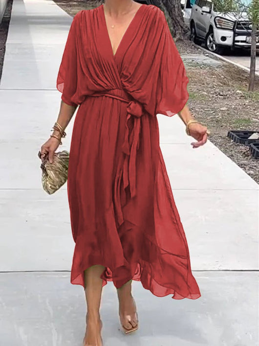 Sophie | Damen Chiffon Cocktailparty-Kleid V-Ausschnitt Taillengürtel Midi