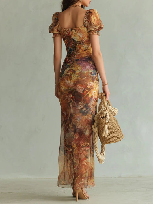 Frieda | Damen Chiffon Maxi-Kleid Herzausschnitt Rüschen Blumenmuster
