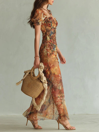 Frieda | Damen Chiffon Maxi-Kleid Herzausschnitt Rüschen Blumenmuster