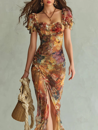 Frieda | Damen Chiffon Maxi-Kleid Herzausschnitt Rüschen Blumenmuster