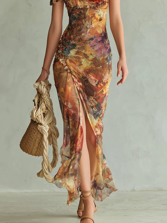 Frieda | Damen Chiffon Maxi-Kleid Herzausschnitt Rüschen Blumenmuster