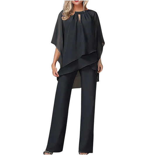 Mia | Damen Chiffon Overlay Fledermausärmel Weites Bein Hosenanzug