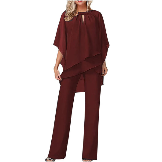 Mia | Damen Chiffon Overlay Fledermausärmel Weites Bein Hosenanzug