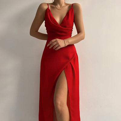 Marlene | Damen Cocktail Party Dress Elegantes Maxi-Kleid V-Ausschnitt Schlitz