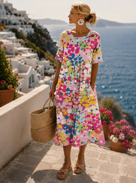 Elfriede | Damen Cocktailkleid Buntes Blumen-Midi-Kleid Kurzarm Sommerkleid