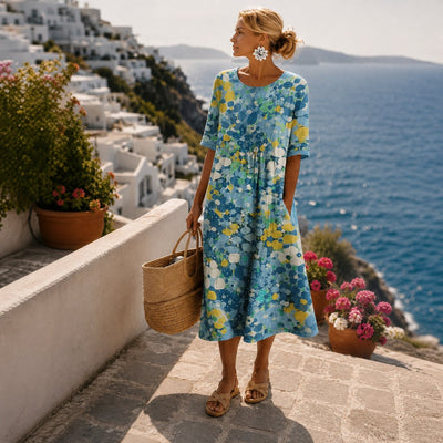 Elfriede | Damen Cocktailkleid Buntes Blumen-Midi-Kleid Kurzarm Sommerkleid
