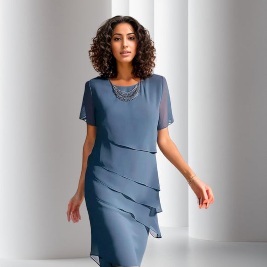 Emilia | Damen Cocktailkleid geschichtetes Chiffon Kurzarm Abendkleid