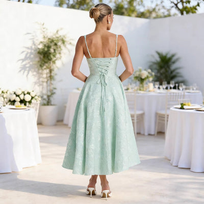 Johanna | Damen Cocktailkleid mit Rüschenoberteil ausgestelltem Jacquard-Rock