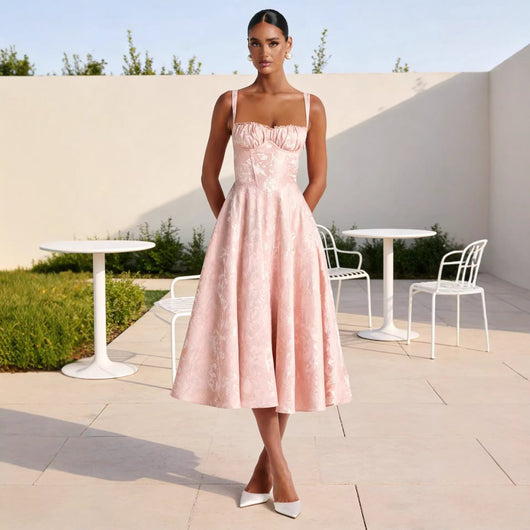 Johanna | Damen Cocktailkleid mit Rüschenoberteil ausgestelltem Jacquard-Rock
