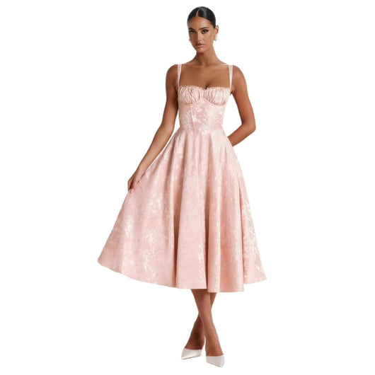 Johanna | Damen Cocktailkleid mit Rüschenoberteil ausgestelltem Jacquard-Rock