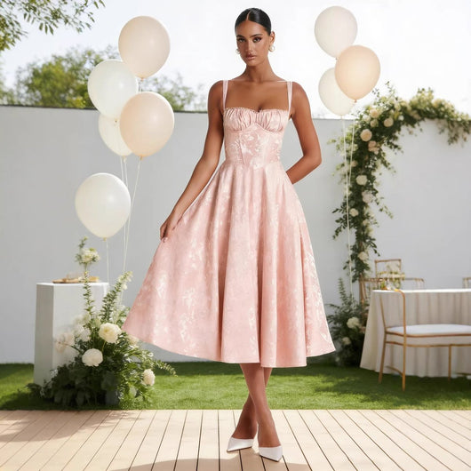 Johanna | Damen Cocktailkleid mit Rüschenoberteil ausgestelltem Jacquard-Rock