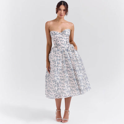 Marlene | Damen Cocktailkleid trägerlos Korsett-Oberteil ausgestellter Satinrock