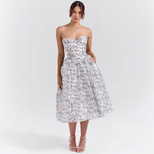Marlene | Damen Cocktailkleid trägerlos Korsett-Oberteil ausgestellter Satinrock