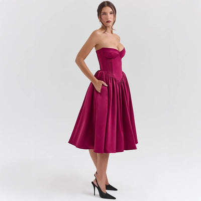 Marlene | Damen Cocktailkleid trägerlos Korsett-Oberteil ausgestellter Satinrock