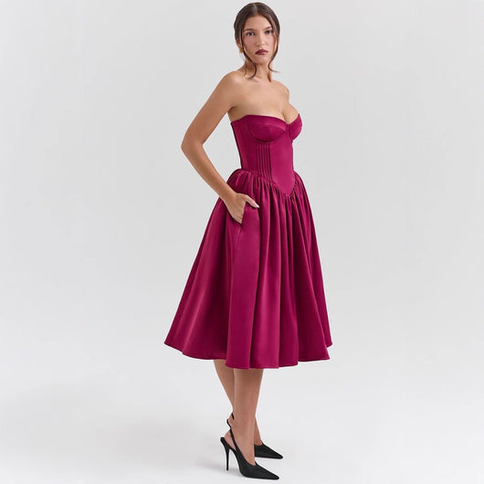 Marlene | Damen Cocktailkleid trägerlos Korsett-Oberteil ausgestellter Satinrock