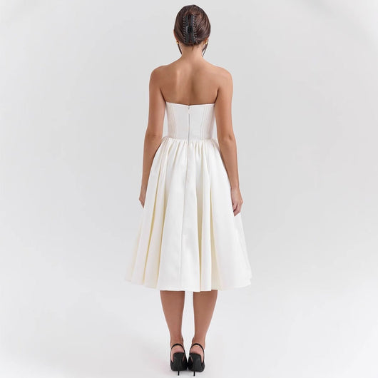 Marlene | Damen Cocktailkleid trägerlos Korsett-Oberteil ausgestellter Satinrock
