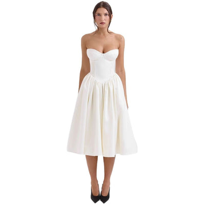 Marlene | Damen Cocktailkleid trägerlos Korsett-Oberteil ausgestellter Satinrock