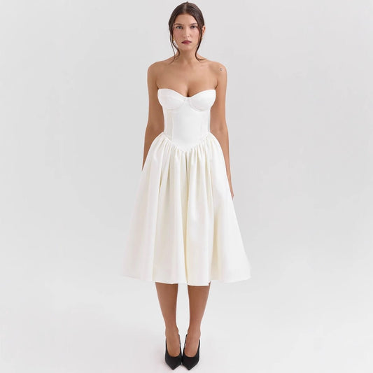 Marlene | Damen Cocktailkleid trägerlos Korsett-Oberteil ausgestellter Satinrock