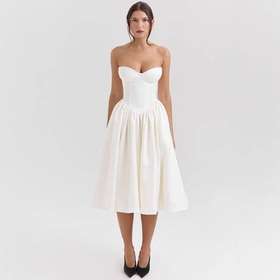 Marlene | Damen Cocktailkleid trägerlos Korsett-Oberteil ausgestellter Satinrock