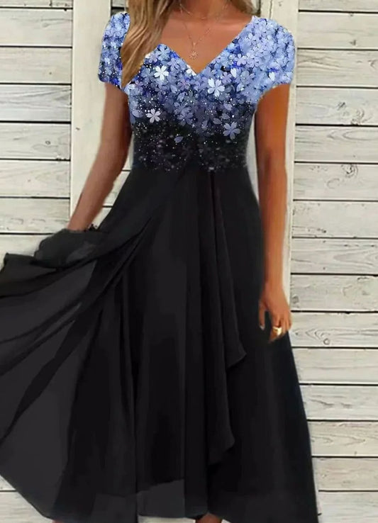 Lena | Damen Cocktailkleid V-Ausschnitt Blumenprint Chiffon Schwingkleid