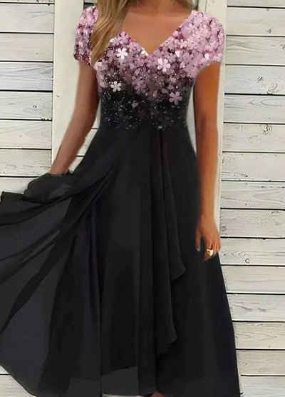 Lena | Damen Cocktailkleid V-Ausschnitt Blumenprint Chiffon Schwingkleid