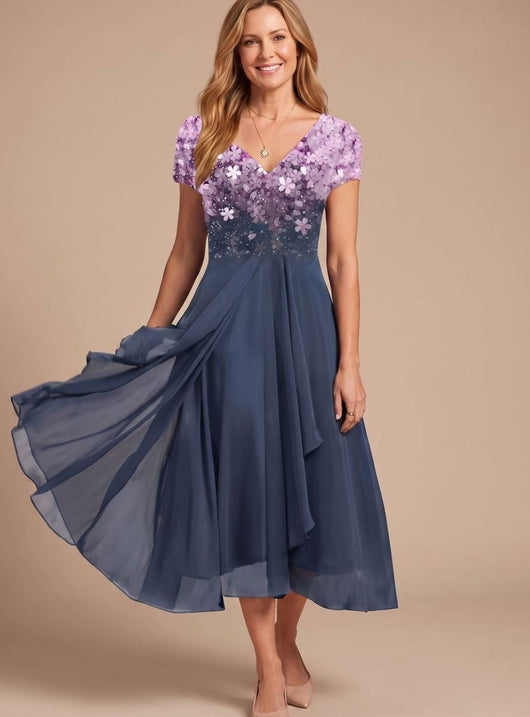 Lena | Damen Cocktailkleid V-Ausschnitt Blumenprint Chiffon Schwingkleid