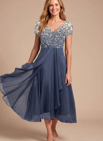Lena | Damen Cocktailkleid V-Ausschnitt Blumenprint Chiffon Schwingkleid
