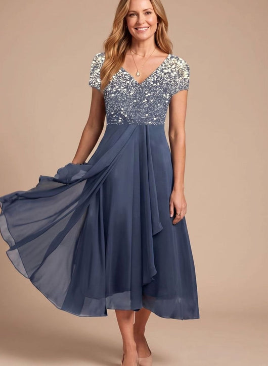 Lena | Damen Cocktailkleid V-Ausschnitt Blumenprint Chiffon Schwingkleid