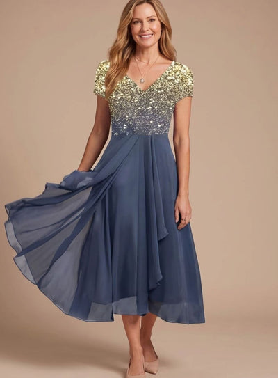 Lena | Damen Cocktailkleid V-Ausschnitt Blumenprint Chiffon Schwingkleid