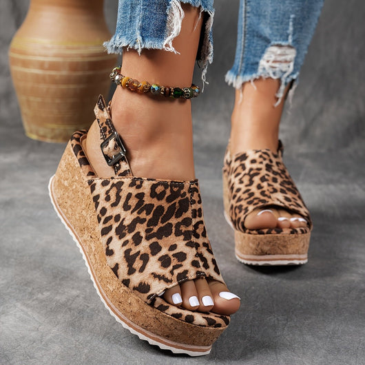 Emilia | Damen Comfortable Sandals Keilabsatz Leopardenmuster Verstellbare Schnalle