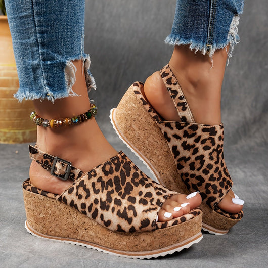 Emilia | Damen Comfortable Sandals Keilabsatz Leopardenmuster Verstellbare Schnalle